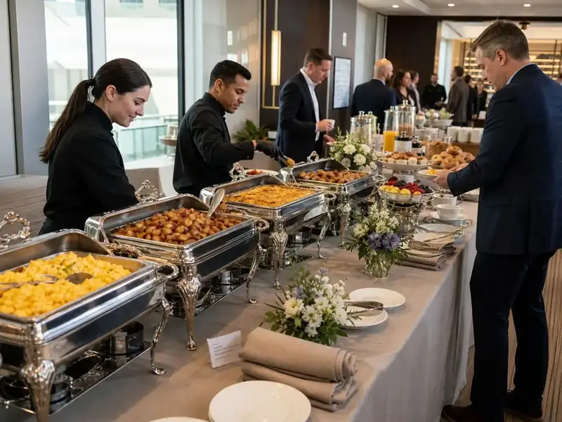 Winslow’s Catering Redwood City team managing an office brunch display featuring chafing dishes, fresh fruit, pastries, and beverages.