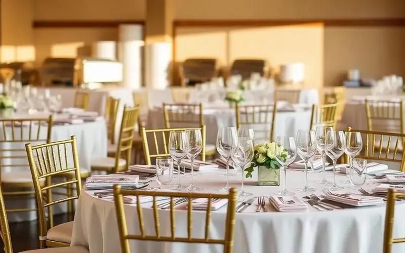 Winslow’s Catering Redwood City banquet room prepared with layered glassware, folded napkins, flatware, flowers, and elegant chairs.