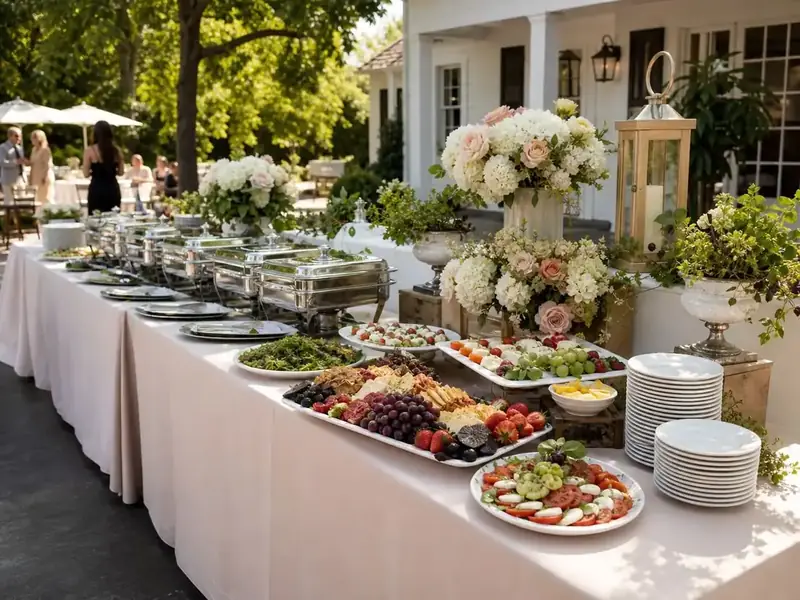 Winslow’s Catering Redwood City wedding spread arranged with seasonal appetizers, salads, polished serveware, and lush ivory centerpieces.